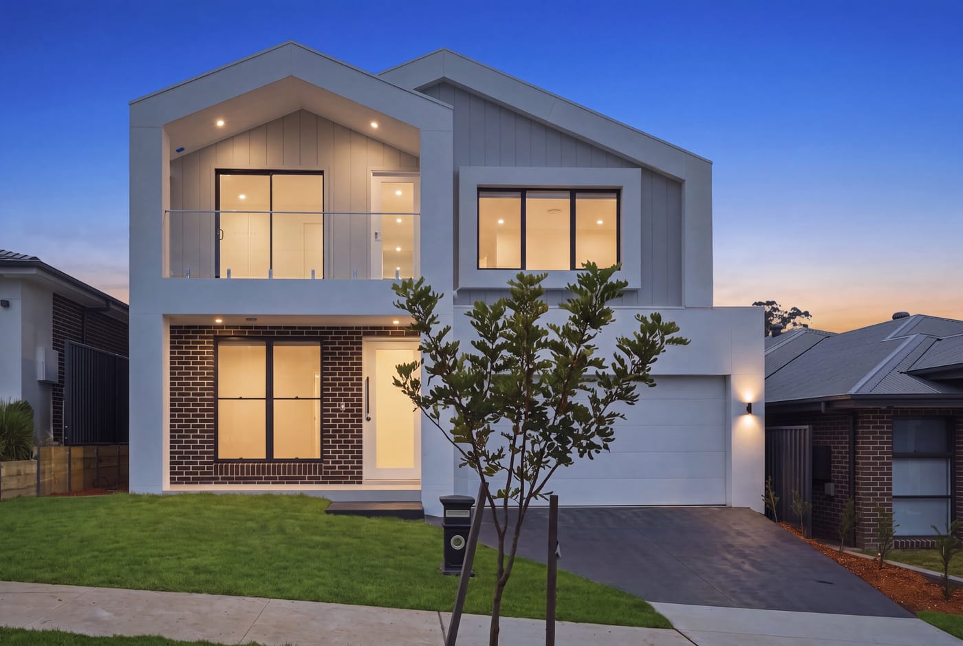 Day-to-dusk premium edit — the same home at dusk, before shown inset